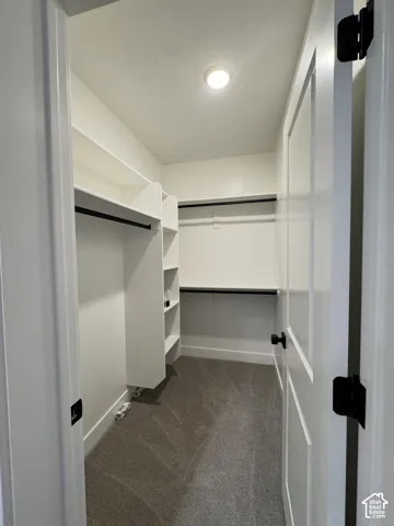 Recessed ceiling lighting, white walls, built-in shelving, hanging rods, and gray carpet flooring