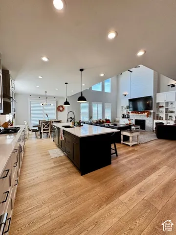 Kitchen with wood-finish flooring, a central island, and recessed lighting