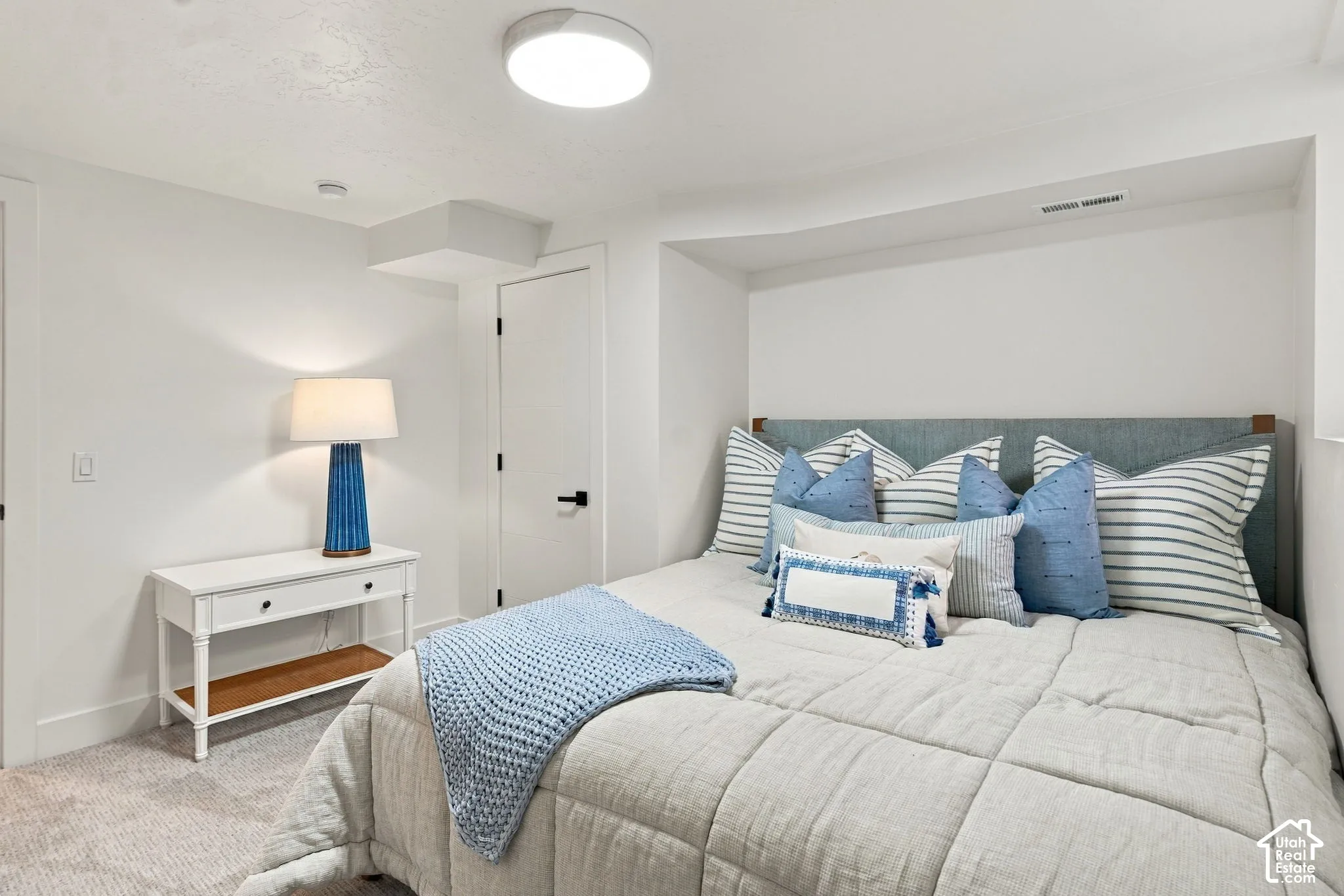 Recessed lighting, light-colored carpeting, white interior doors with black hardware, and an integrated ceiling light fixture