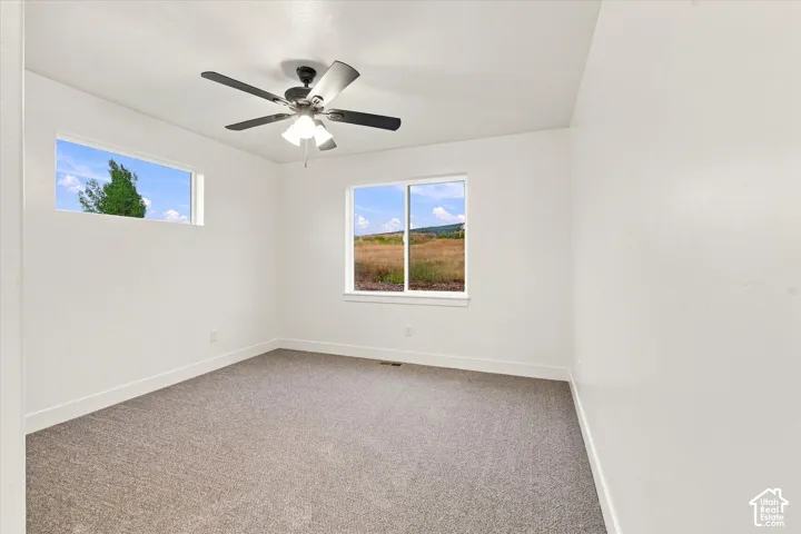 Neutral carpeted flooring, white painted walls, a ceiling-mounted fan with integrated lighting, and multiple windows