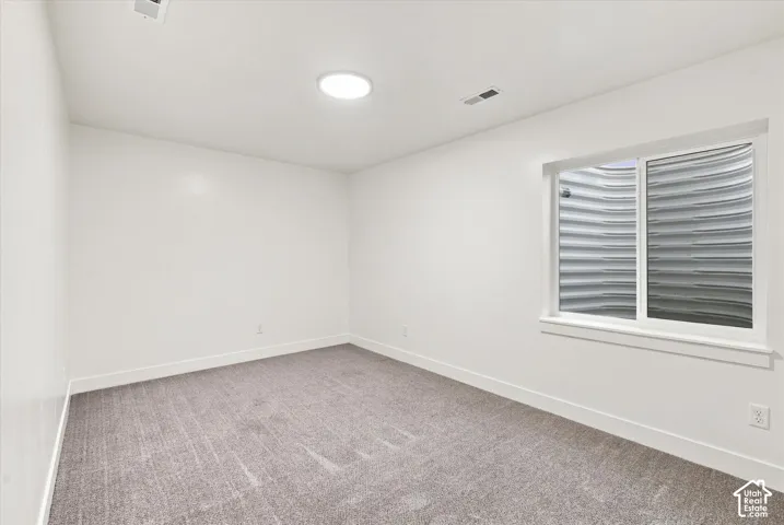Neutral-toned carpeting, white walls, and a window with a white frame