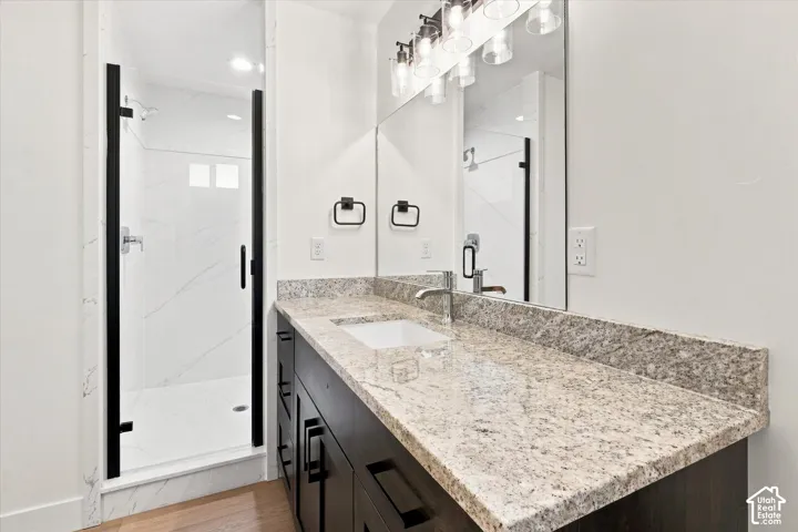 Spacious vanity with a stone countertop, an undermount sink, and dark wood cabinetry