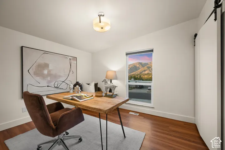 Hardwood-style flooring, a barn door, and a single window with a mountain backdrop