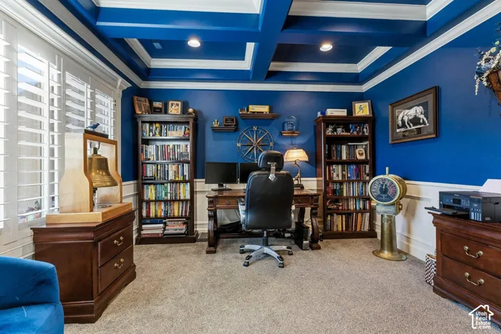 Coffered ceiling with recessed lighting, crown molding, plantation shutters, and carpeting