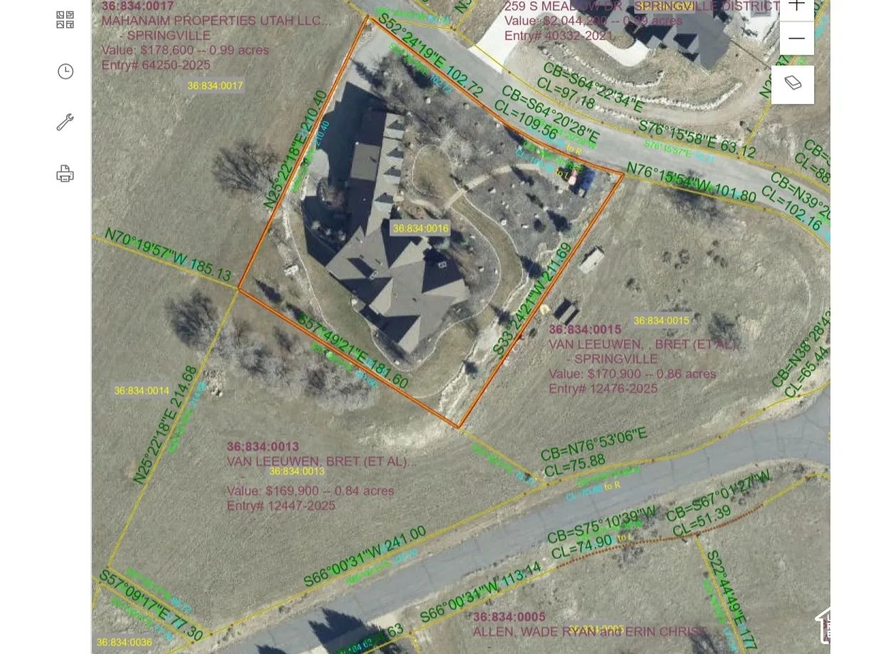 Utah County Parcel Map. Presenting an aerial view of the property and surrounding parcels with boundary and ownership information