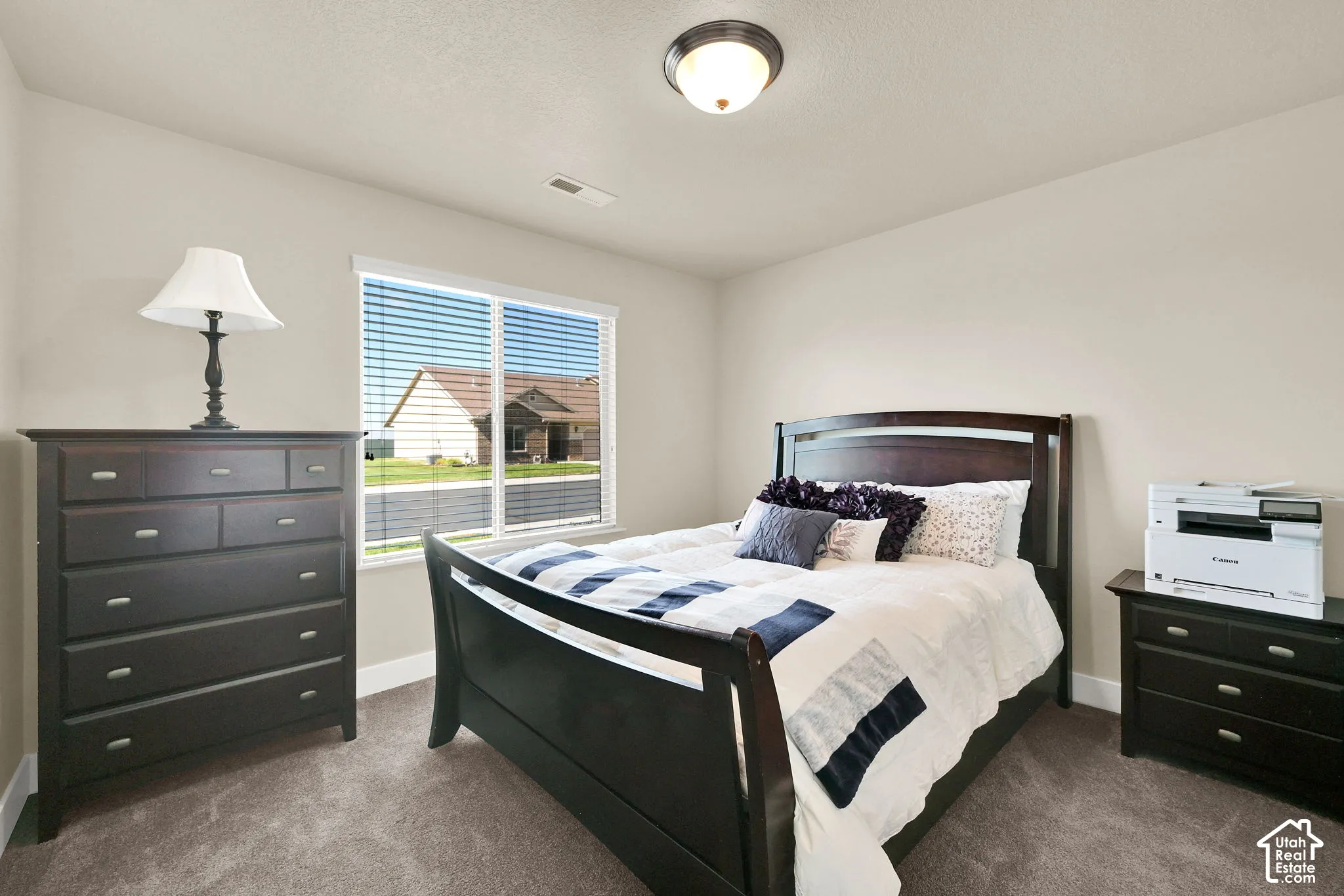 Neutral wall paint, window with horizontal blinds, flush mount ceiling light, and carpeted flooring
