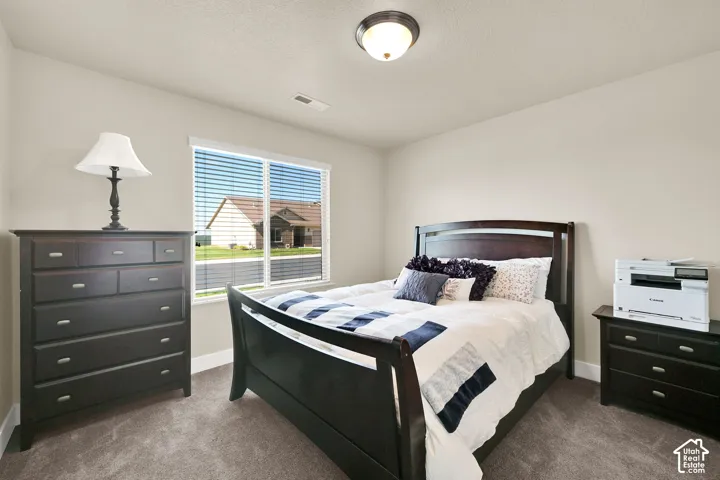 Neutral wall paint, window with horizontal blinds, flush mount ceiling light, and carpeted flooring