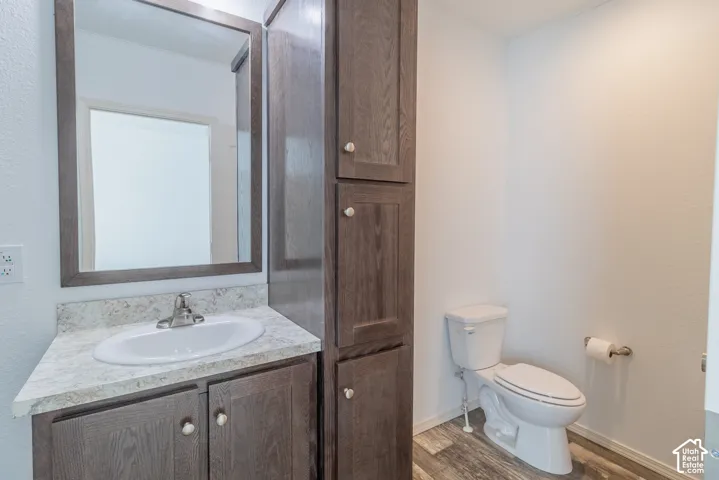 Bathroom featuring a vanity with a white oval sink, a light-colored countertop, and dark wood-finish cabinetry