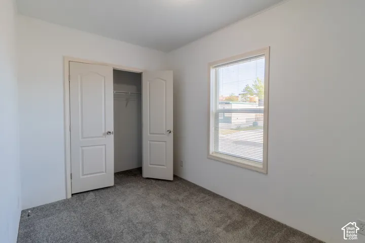 Wall-to-wall carpeting, window with horizontal blinds, built-in closet with double doors, and white painted walls