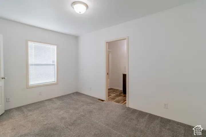 Neutral wall color, grey carpeting, ceiling-mounted light fixture, white trim, and a window with blinds