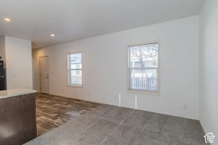 Open-concept area featuring recessed lighting, wood-finish flooring, and light gray carpeting