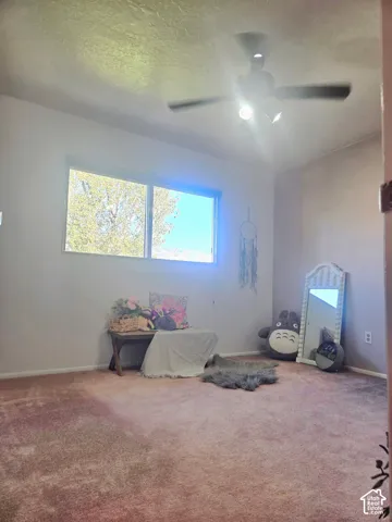 Room featuring a flush-mount ceiling fan with integrated lighting, a window, and wall-to-wall carpeting