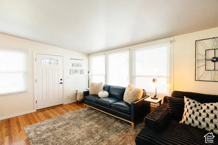 Bright living space featuring wood-finish flooring, multiple windows with blinds, and a white paneled entry door with decorative glass