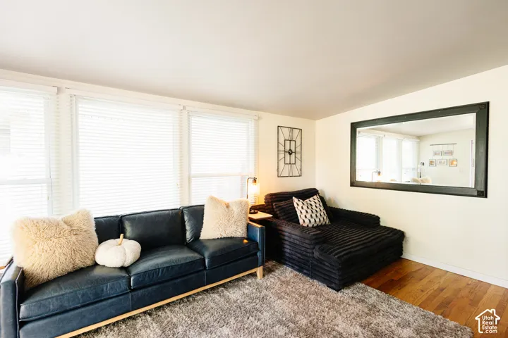 Hardwood-finish flooring, multiple windows with blinds, and a large wall-mounted mirror
