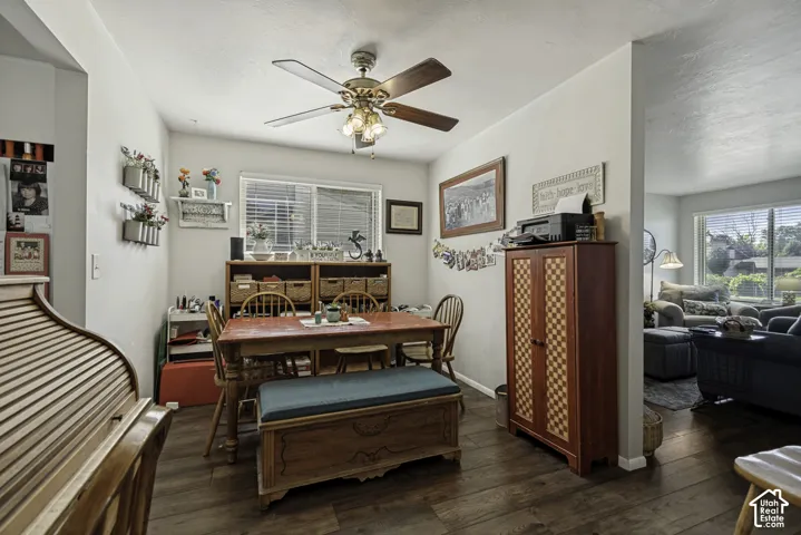 Wood-finish flooring throughout, ceiling fan with integrated lighting, and a window with blinds