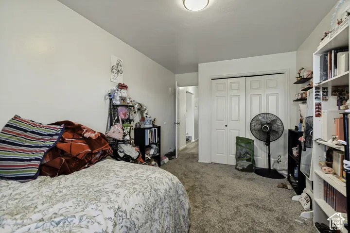 Wall-to-wall carpet flooring, white walls, and a built-in closet with bifold doors