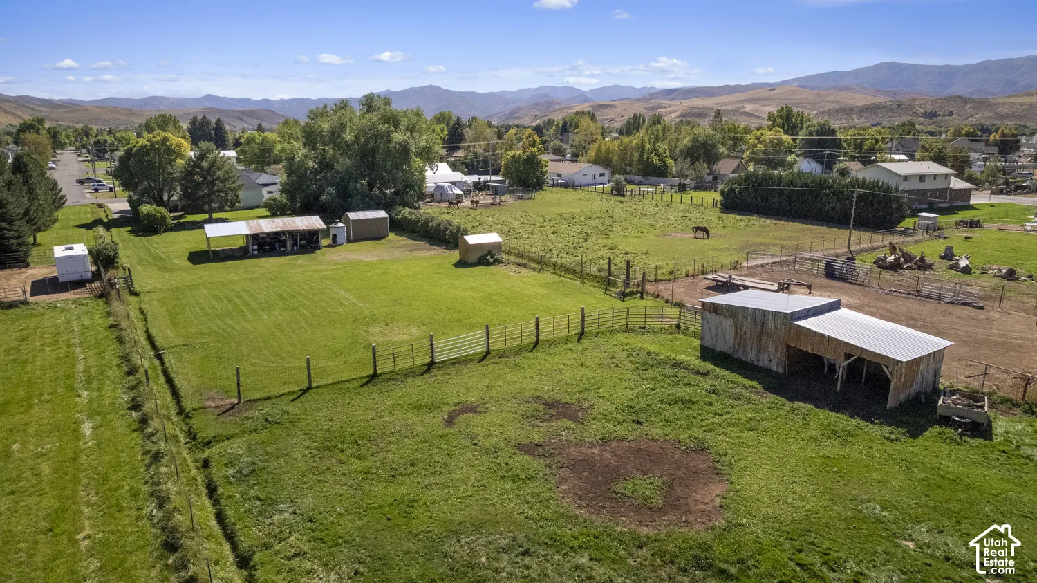 Expansive green acreage with multiple outbuildings and fencing