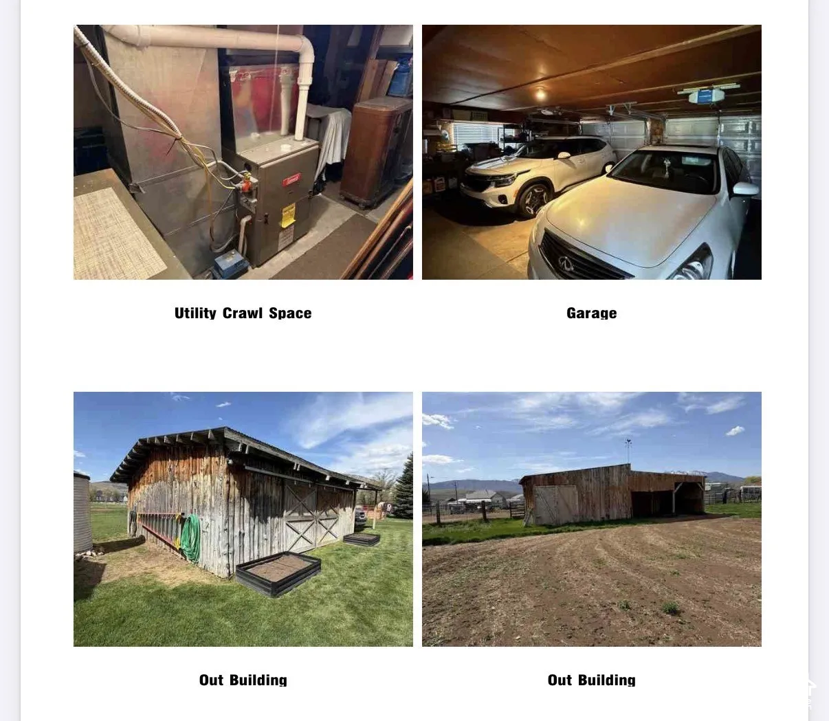 Property Photo Compilation. Displaying various areas of the property, including the utility crawl space, garage, and two exterior structures