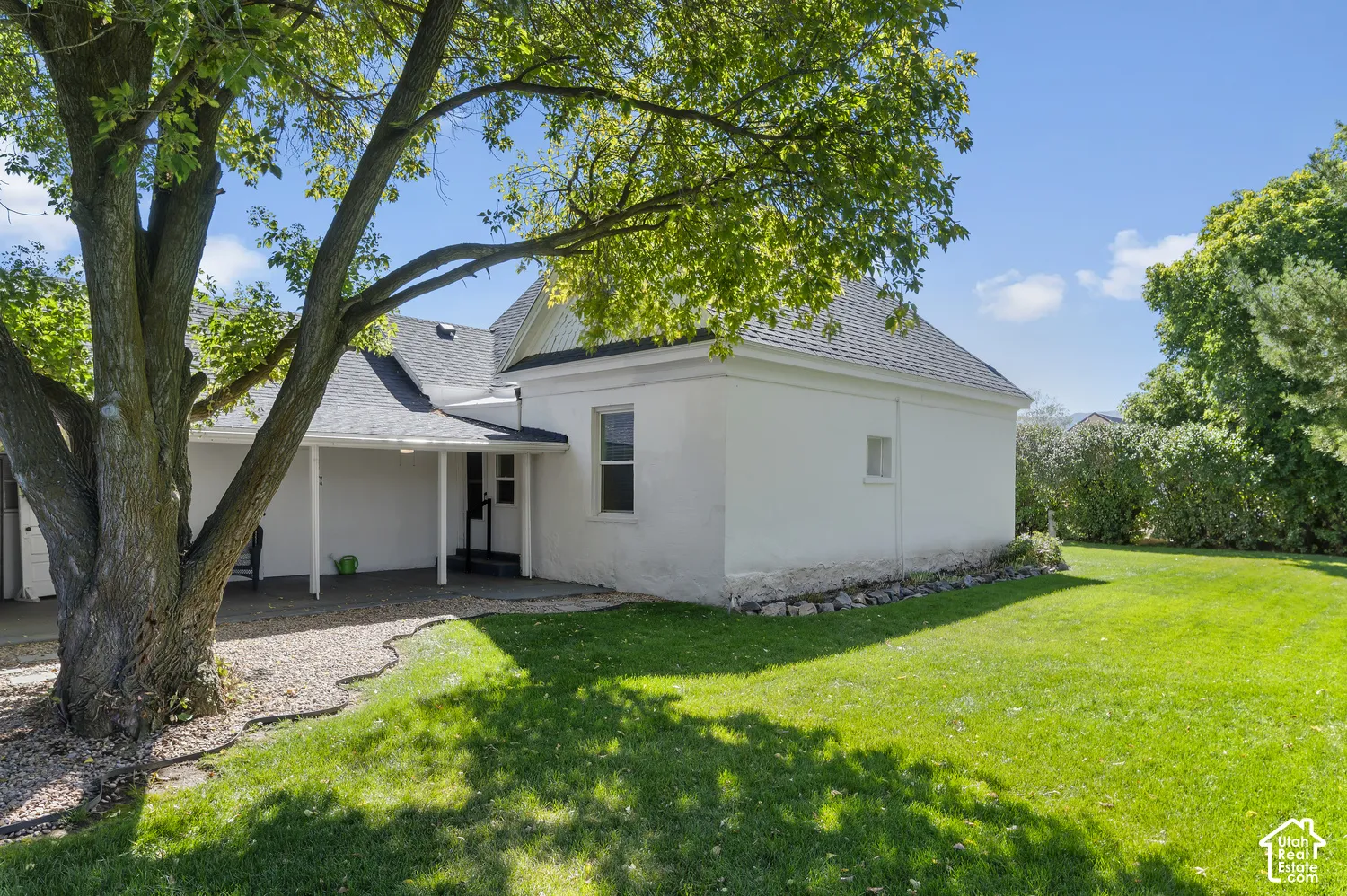 Expansive lawn area with established trees and surrounding shrubs
