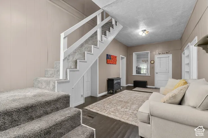 Carpeted staircase with white risers, dark wood-finish flooring, paneled walls, built-in shelving, and a prominent window