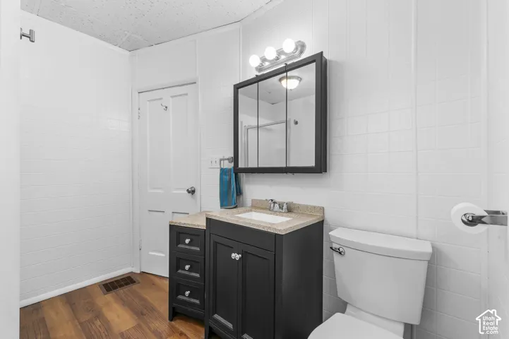 Bathroom featuring wood-finish flooring, a dark vanity with a light countertop, and a wall-mounted medicine cabinet with integrated lighting