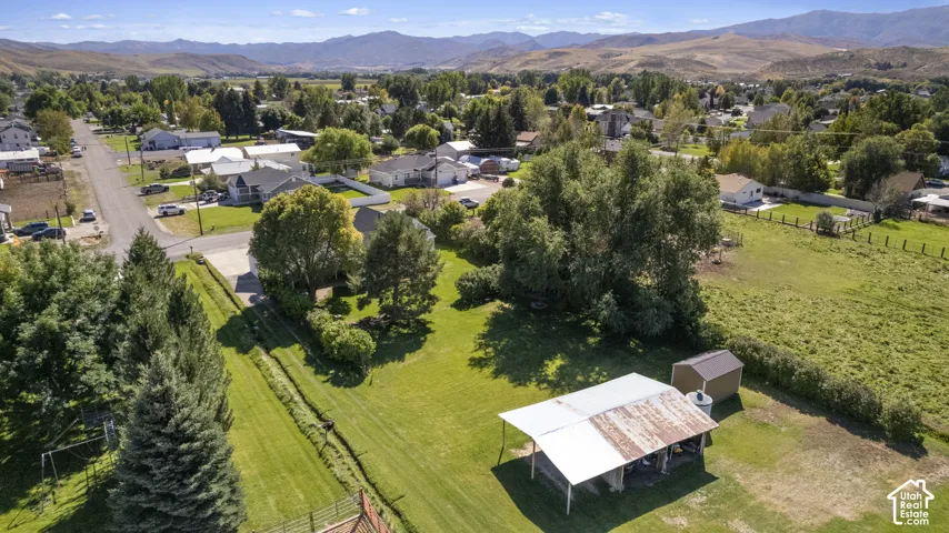 Expansive green space featuring mature trees and distant mountain scenery