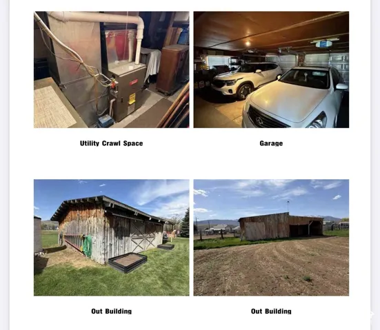 Property Photo Compilation. Displaying various areas of the property, including the utility crawl space, garage, and two exterior structures