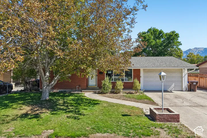 Brick exterior with an attached two-car garage, mature front yard tree, and concrete walkway
