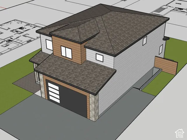 Architectural Rendering. An aerial view of the property's exterior design and layout