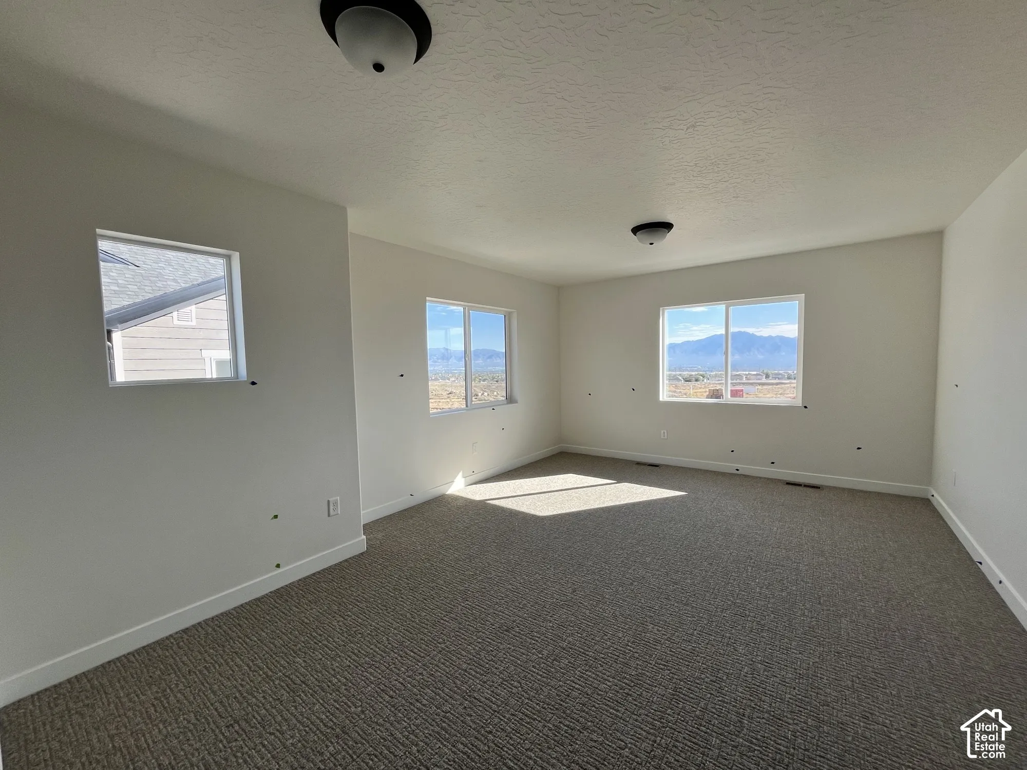 Carpeted flooring, white walls, multiple windows, and flush mount lighting fixtures