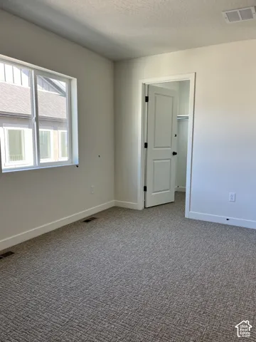 Wall-to-wall textured carpeting, a white interior door with black hardware, and a double-pane window