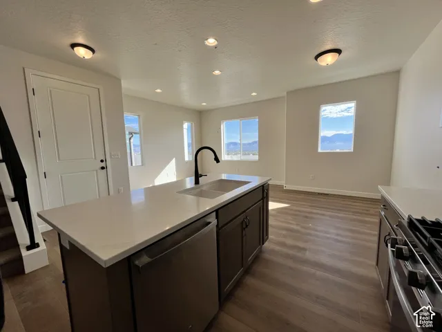 Kitchen island with an undermount double-basin sink, black gooseneck faucet, and integrated stainless steel dishwasher