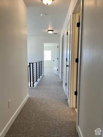 Hallway featuring plush patterned carpeting, painted white walls, white trim, multiple paneled doors with dark hardware, and recessed lighting fixtures