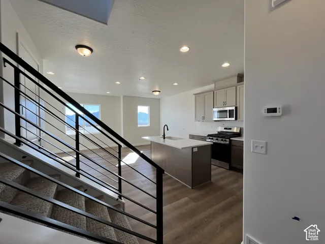 Open-concept living space with wood-finish flooring