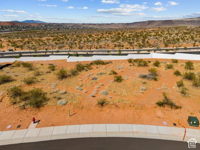 Expansive desert landscape with natural vegetation, bordered by paved roads and concrete sidewalks