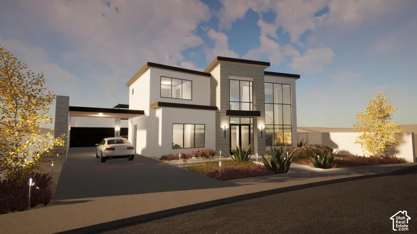 Contemporary exterior with prominent two-story glass facade