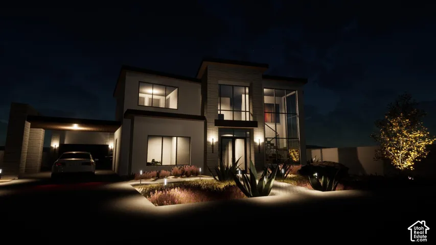 Contemporary architecture with expansive window panels, integrated garage, and a covered portico