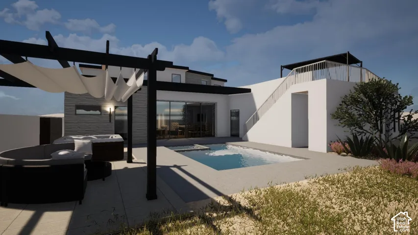 Outdoor living space featuring a swimming pool, extended patio, and a pergola with a retractable canopy