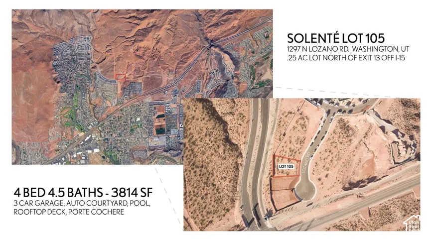Promotional Flyer. Displaying aerial views, lot identification, property address, and structural details for the property