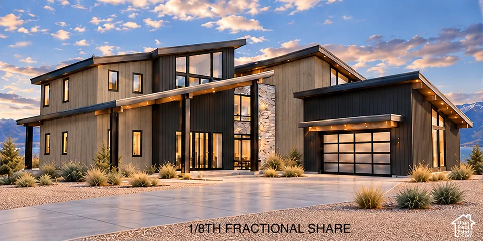 Modern architecture with an expansive driveway, integrated garage featuring a glass-paneled door, natural stone accents, and large windows