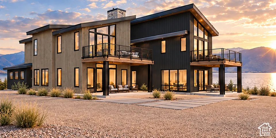 Contemporary architecture with multiple expansive balconies, a stone chimney, and an exterior featuring both light wood-finish siding and dark vertical paneling