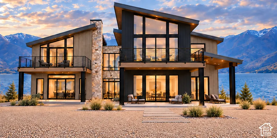 Contemporary architectural design featuring extensive window walls, stone veneer accents, multiple balconies with metal railings, and a large waterside patio area