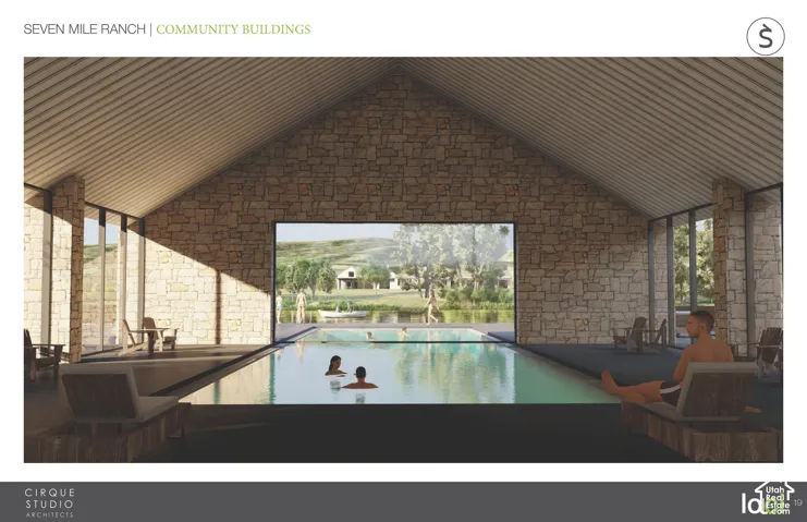 Indoor swimming pool with stone accent walls, a vaulted ceiling, floor-to-ceiling windows, and a large exterior opening