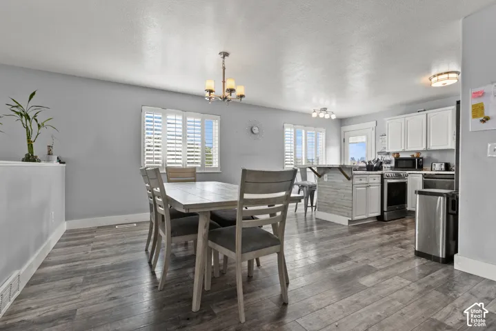 Wood-finish flooring, white plantation shutters, white cabinetry, and a kitchen island with shiplap siding