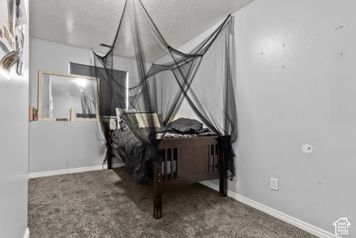 Textured gray carpeting, light gray wall paint, and a window with blinds