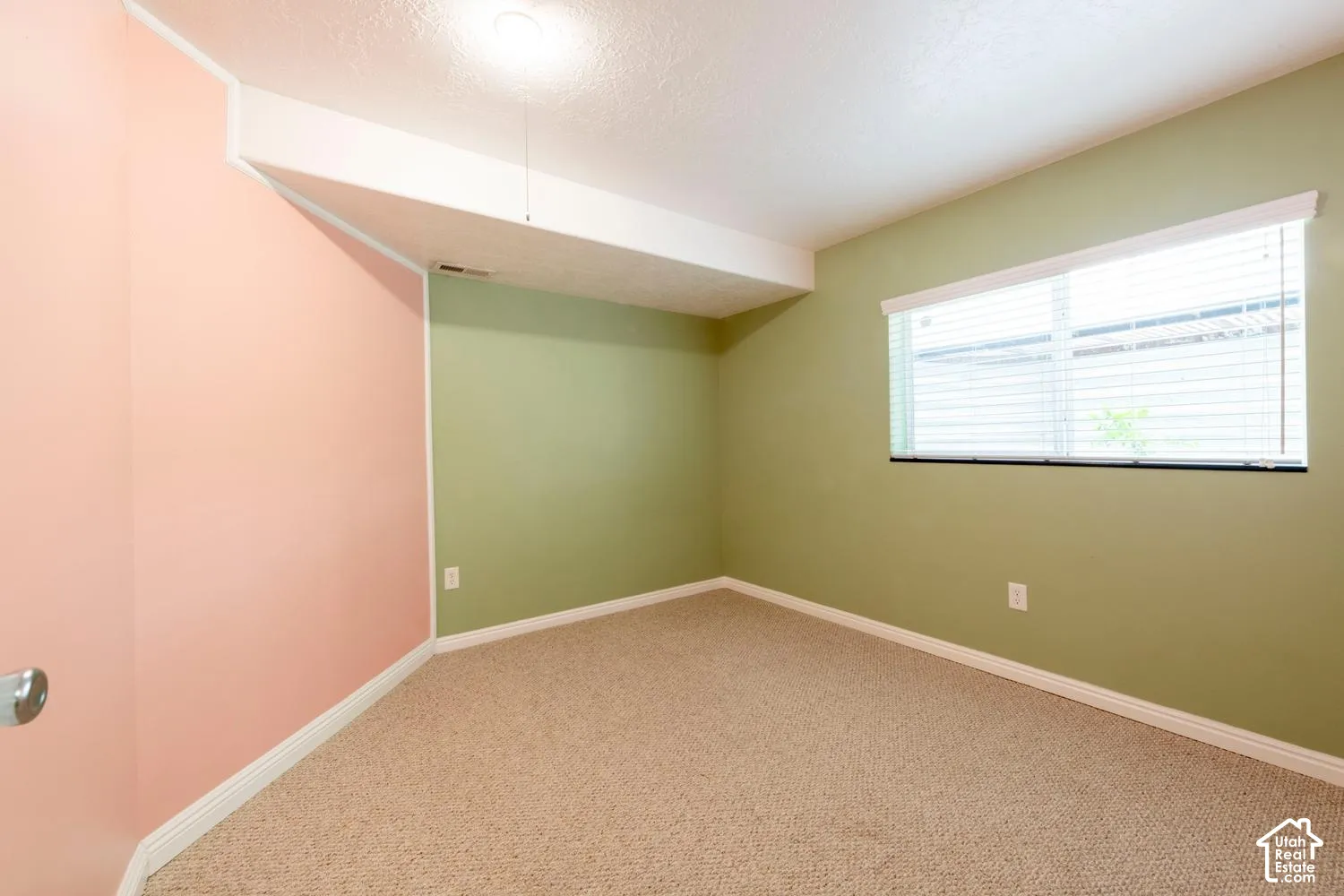 Carpeted room featuring a window with blinds and painted walls