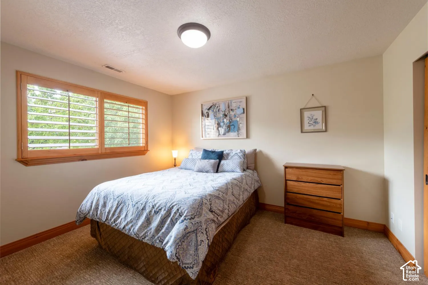 Carpeted flooring, wood-finish window shutters, and a flush-mount ceiling light fixture