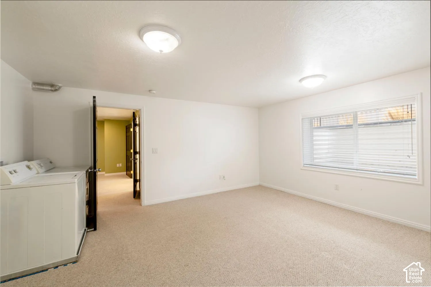Carpeted flooring, white painted walls, natural light from a window with blinds, and flush-mount ceiling lights