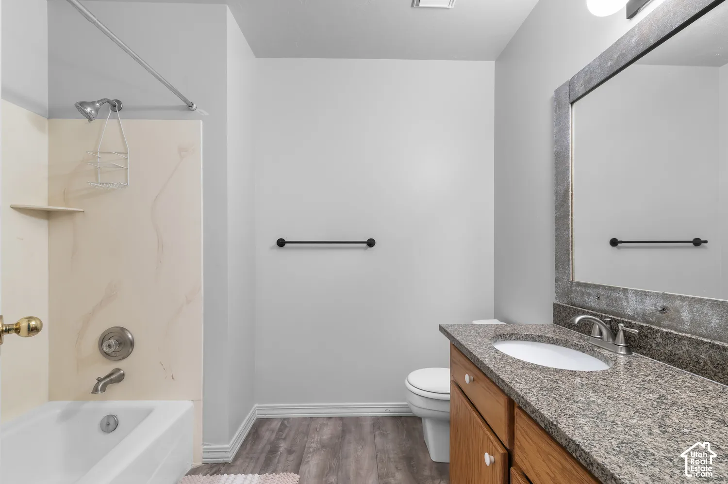 Wood-finish flooring, single vanity with wood cabinetry, granite-style countertop, and a framed mirror