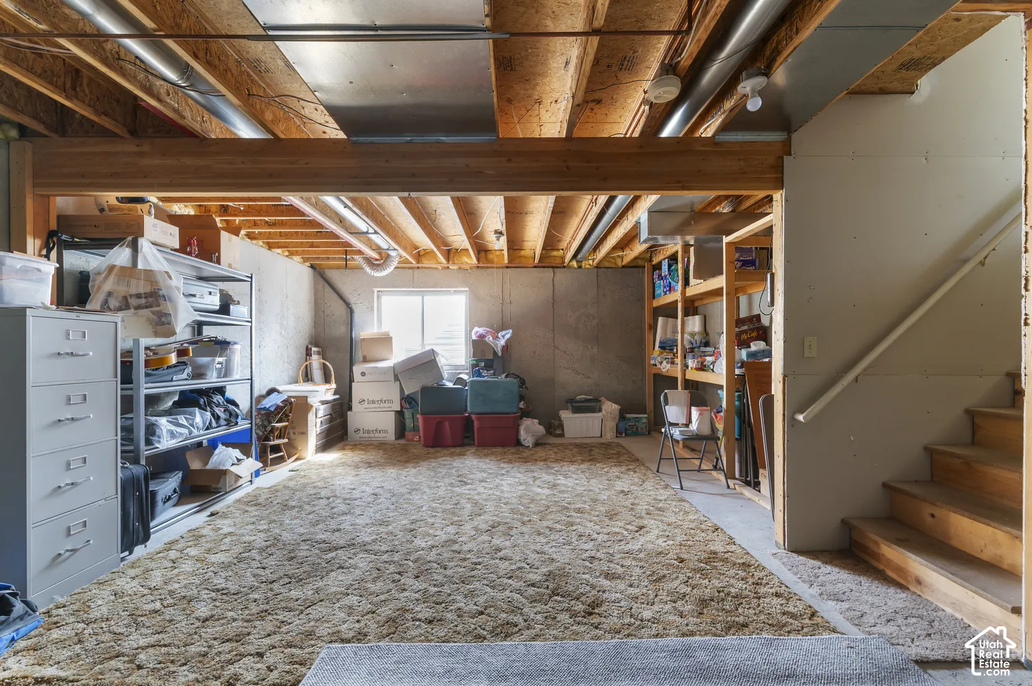 Unfinished basement with built in storage